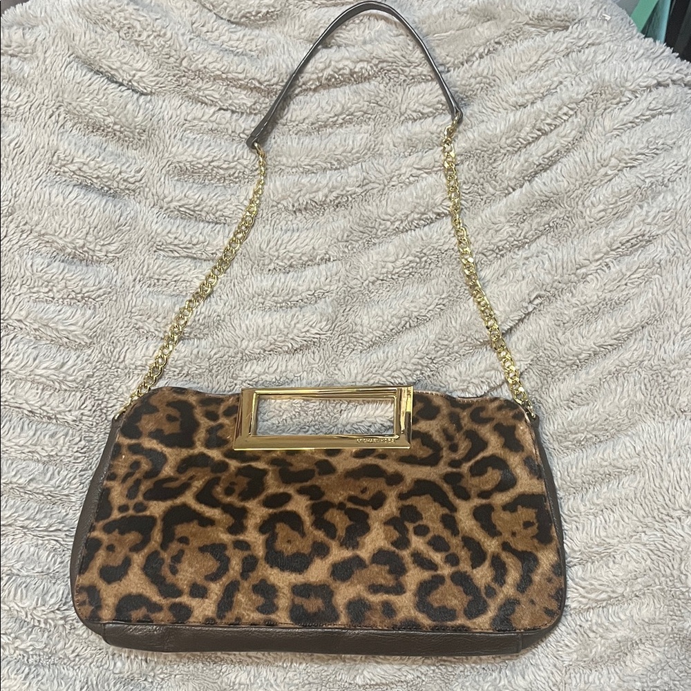 Michael Kors Calf Hair Leopard Print Chain Shoulder Bag with crossbody strap